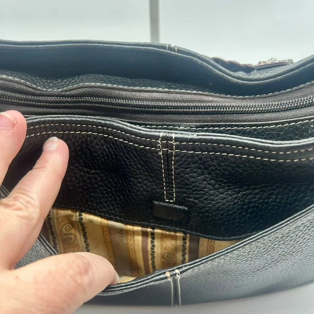 Brighton Leather Woven Tassel Shoulder Bag Black Brown Rectangle Pockets Zipper‎
